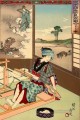 Nijushi ko mitate e awase representa a una mujer tejiendo Toyohara Chikanobu